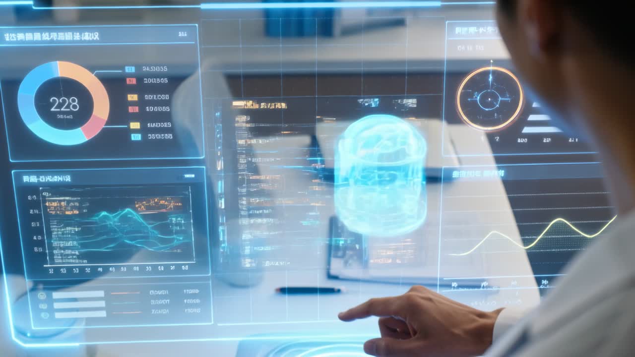 Doctor studying medical hologram at desk, tapping cross, activating gauge and analyzing data