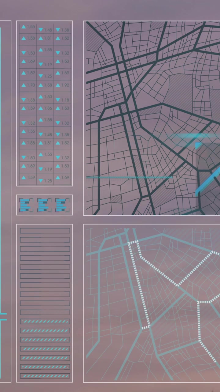 Animation of financial data processing over cityscape