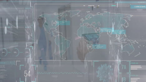 Animación-Del-Procesamiento-De-Datos-Con-Mapa-Mundial-Sobre-Diversos-Médicos-Caminando-En-El-Hospital