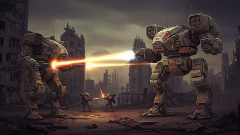 intense battle between mechanized titans in a ruined cityscape: a duel of armored behemoths with soldiers engaged in a high-stakes showdown