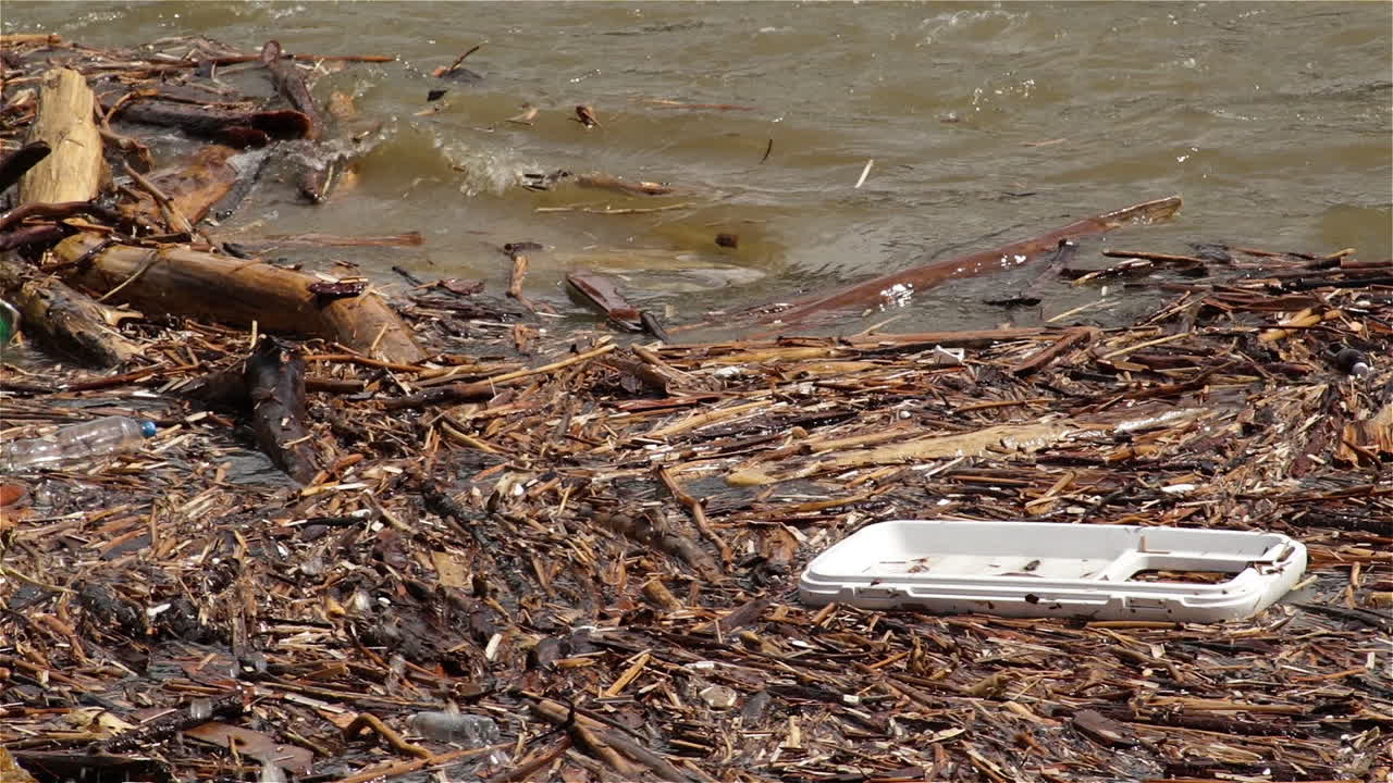 Slow motion shot of branches and trash floating in a flooded river, medium shot