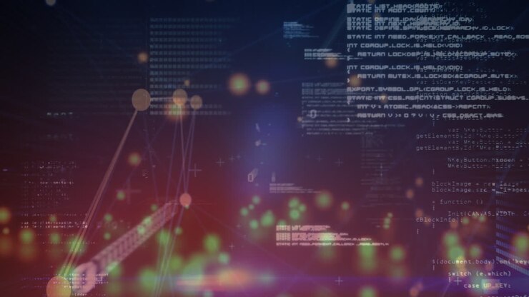 Animation of bokeh lights, connecting dots with data processing on digital interface