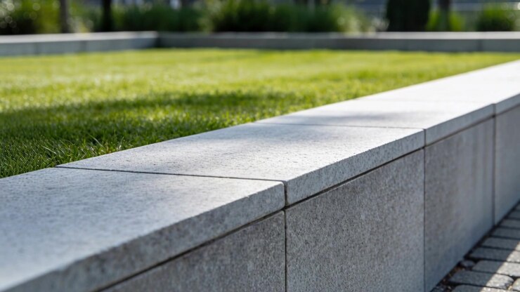 Sliding camera revealing long stone bench in landscaped plaza, showing slab joint and paved walkway