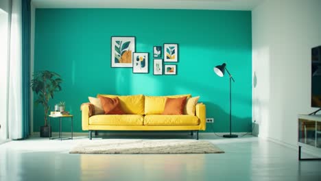 a bright and modern living room featuring a stylish yellow sofa, artistic wall decor, and a cozy atmosphere perfect for relaxation and social gatherings