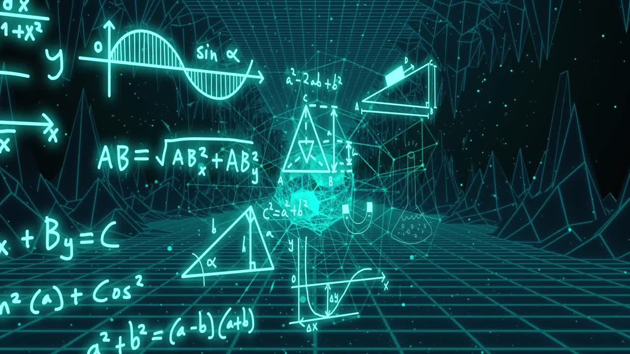 Animation of mathematical formulae and scientific data processing over black background