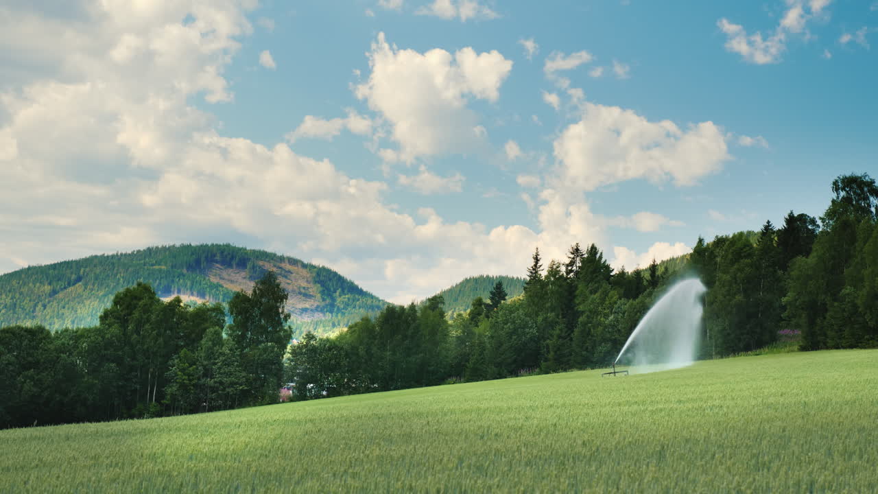 un paisaje rural pintoresco es un campo de trigo verde el sistema de riego funciona agricultura en noruega