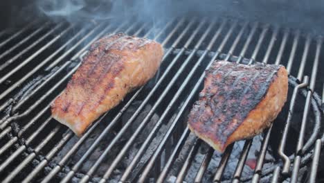 Smoke-rising-off-charred-salmon-fillets-grilling-on-outdoor-charcoal-barbecue