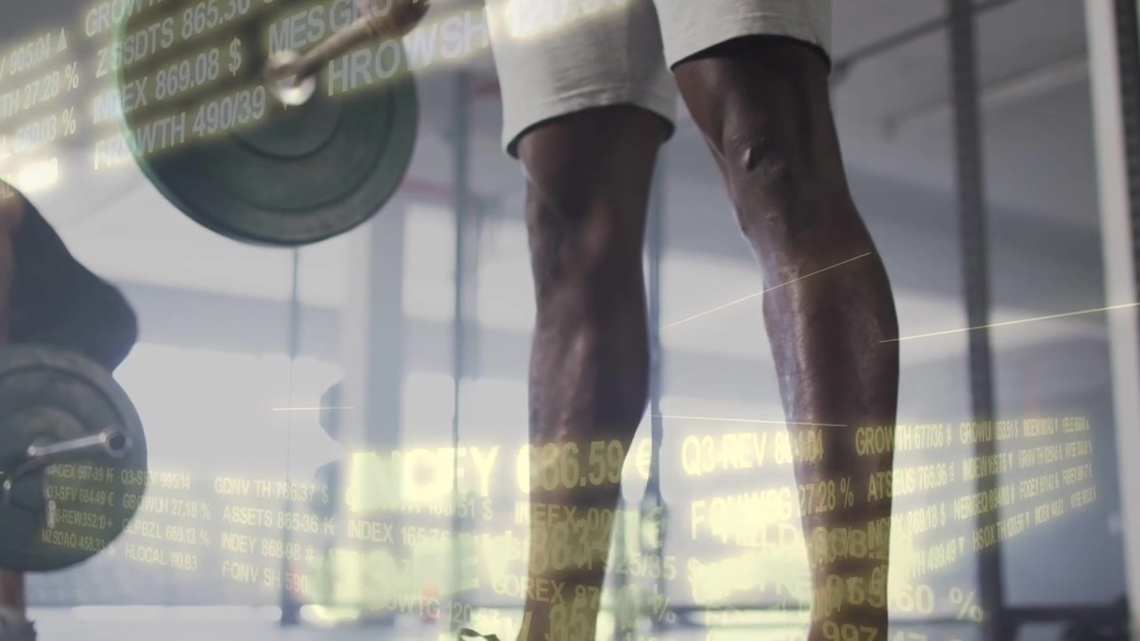 Lead male lifter starting hip-hinge and raising barbell for fitness, with live ticker across frame