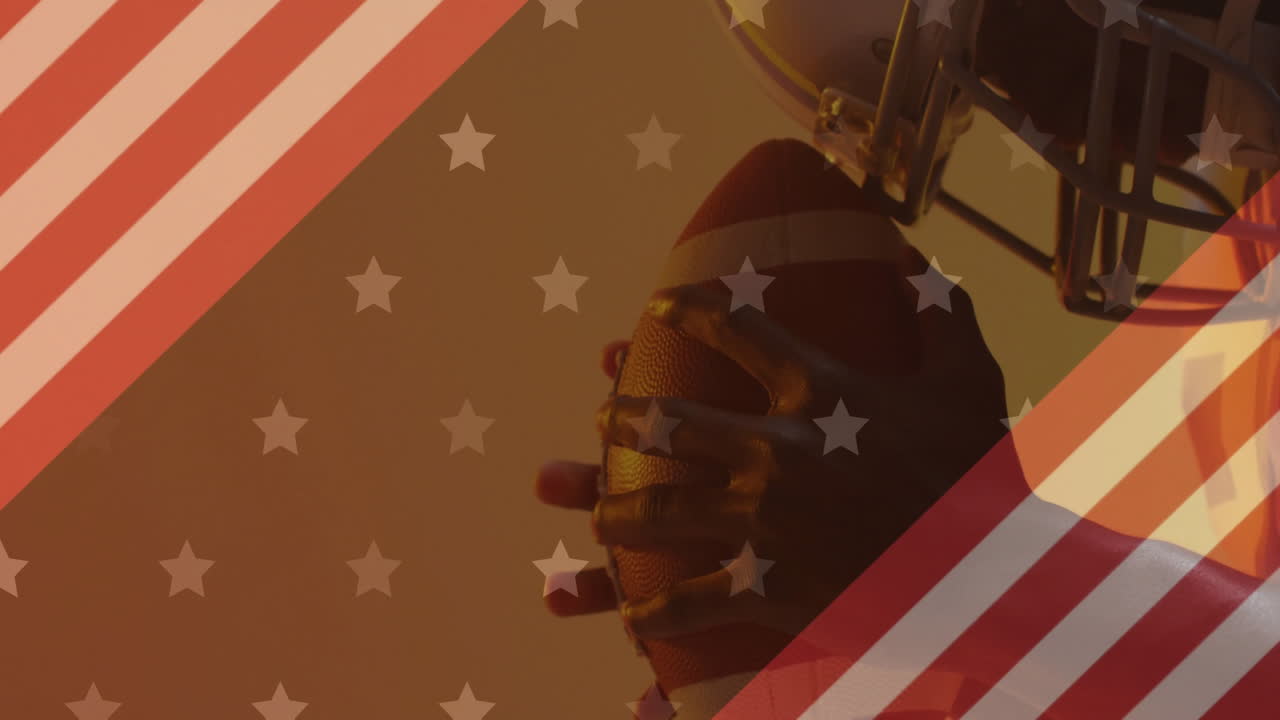 animación de un jugador de fútbol americano caucásico con una pelota y una bandera de estados unidos