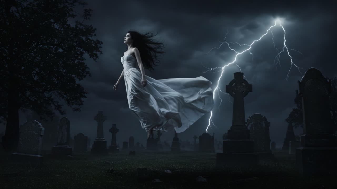 A Mysterious Woman Dressed in White Floats Ethereally Above a Gloomy Graveyard Understormy Skies Illuminated by Striking Lightning, Evoking a Haunting Atmosphere