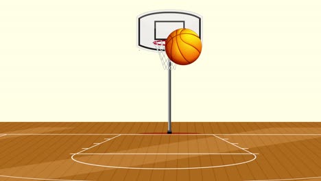 a basketball bounces across a court towards a hoop, showcasing dynamic movement and realistic physics in a 12-second animation