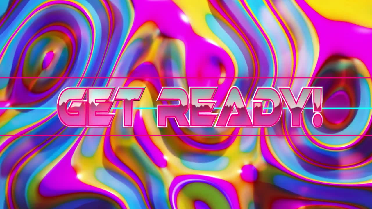 GET READY! text being animated over swirl backdrop, featuring retro glitch lines in red and cyan