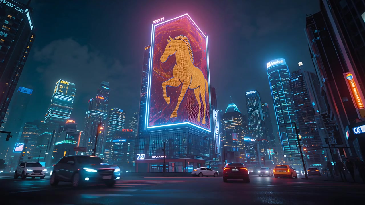 Starting ad animating LED billboard showing golden horse at wet intersection to promote brand