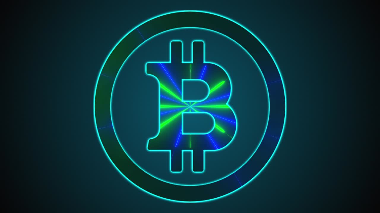Bitcoin with neon lines. Computer generated digital icon. 3d rendering cryptocurrency over web background