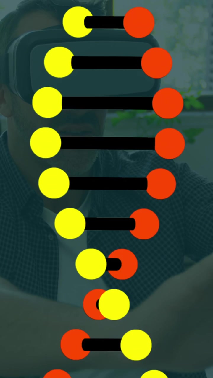 Animation of dna structure spinning over caucasian man wearing vr headset at office