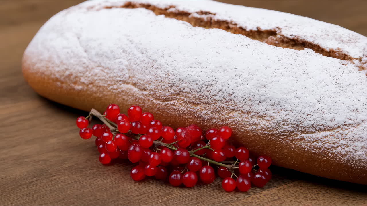 Sweet Bread Loaf with Powdered Sugar and Red Currants