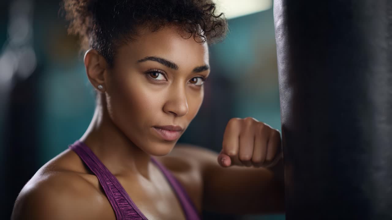 Boxer donna allenata e motivata: cattura la forza e la determinazione in momenti coinvolgenti in palestra, concentrandoti sullo sviluppo delle abilità e sull'atletismo