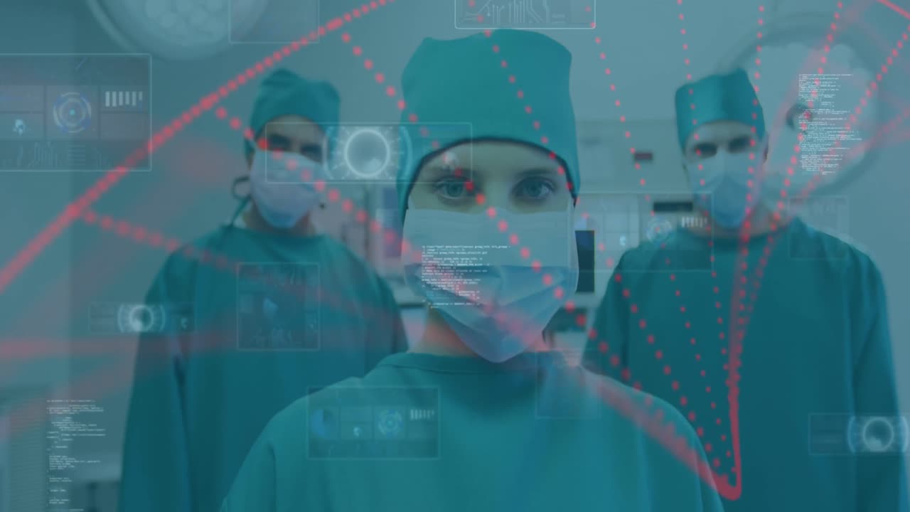 수술실에서 마스크를 쓴 남성과 여성 외과의사에 대한 데이터 처리 애니메이션