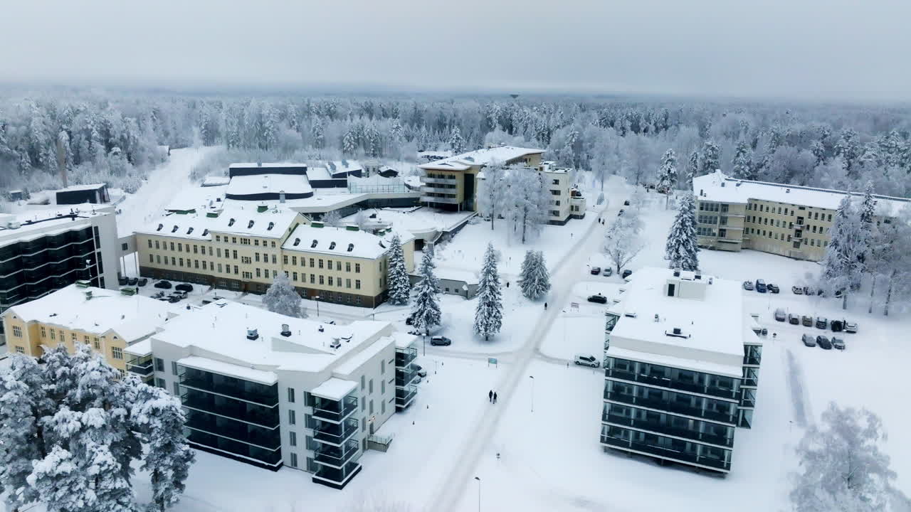 Aerial View of a Snowy Campus in Finland