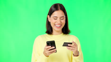 Happy-woman,-phone-and-credit-card-on-green-screen