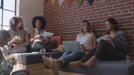 multi ethnic business women brainstorming sharing ideas creative team planning strategy enjoying teamwork training modern office workplace