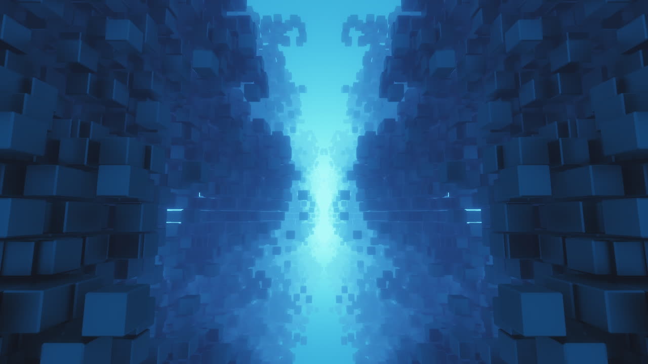 A futuristic and abstract digital tunnel features an endless pathway of geometric blue cubes with a central glowing cyan light, ideal for technology, data, or motion graphic backgrounds