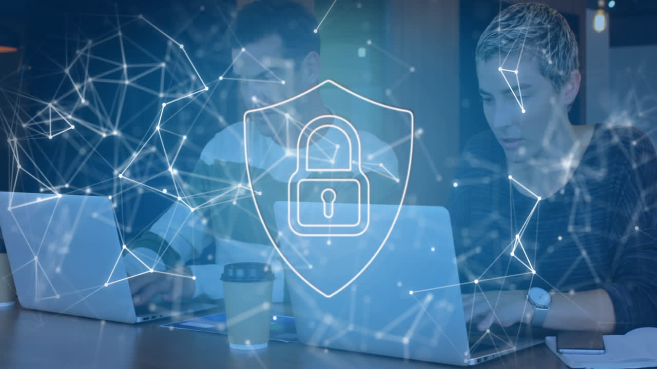 Animation of network of connections with paldock over diverse business people in office