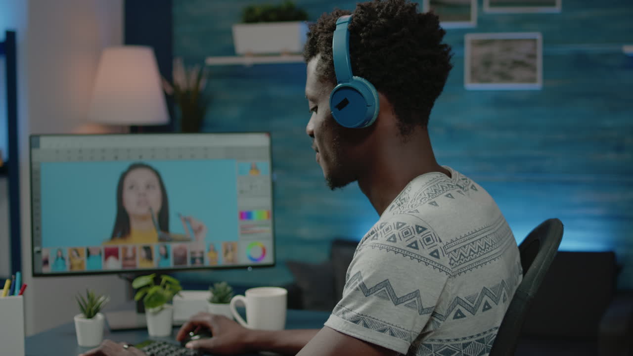 Photography editor with headphones working with retouch app