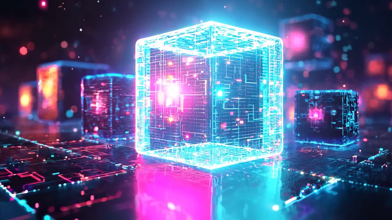 A computer screen with a bunch of glowing cubes. The cubes are all different colors and sizes, and they are arranged in a grid pattern. Scene is futuristic and technological