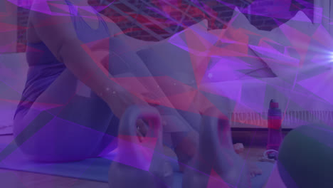 animation of network of connections over woman doing crunches exercising at home