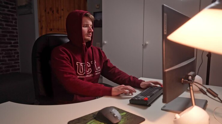Young man in a maroon hoodie types away at a computer keyboard and then casually walks away after infiltrating computer system security