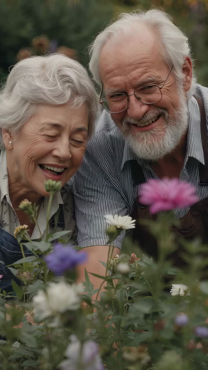 Video verticale: coppia di anziani che nota i fiori, si sporge sul giardino e si prende cura delle piante indossando dei grembiuli