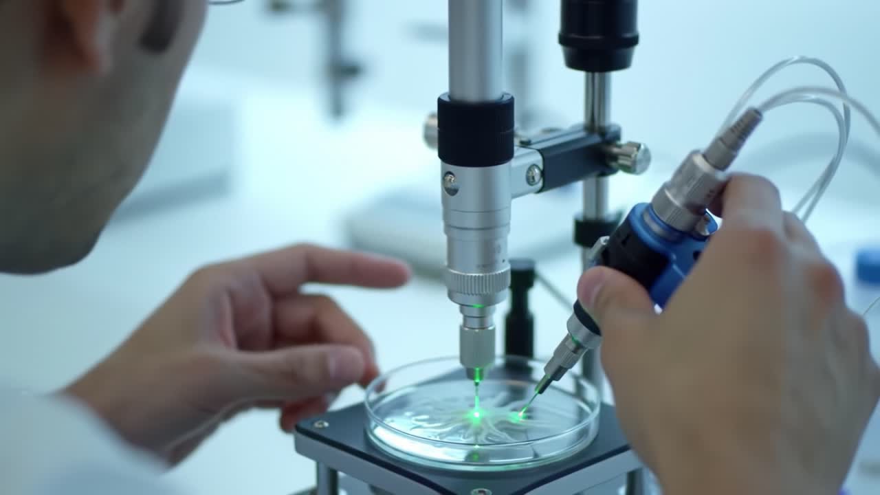 A researcher carefully conducts a precise experiment using advanced technology on a petri dish, showcasing intricate details of scientific exploration and innovation processes.
