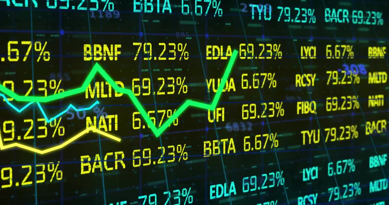 Animazione di elaborazione di dati finanziari su linee verdi e gialle.