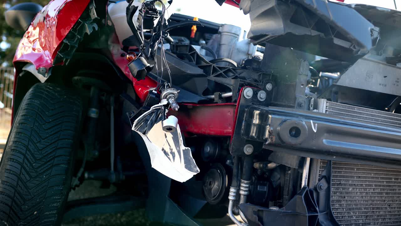 교통 충돌 후 추락 한 자동차 - 부러진 헤드 라이트