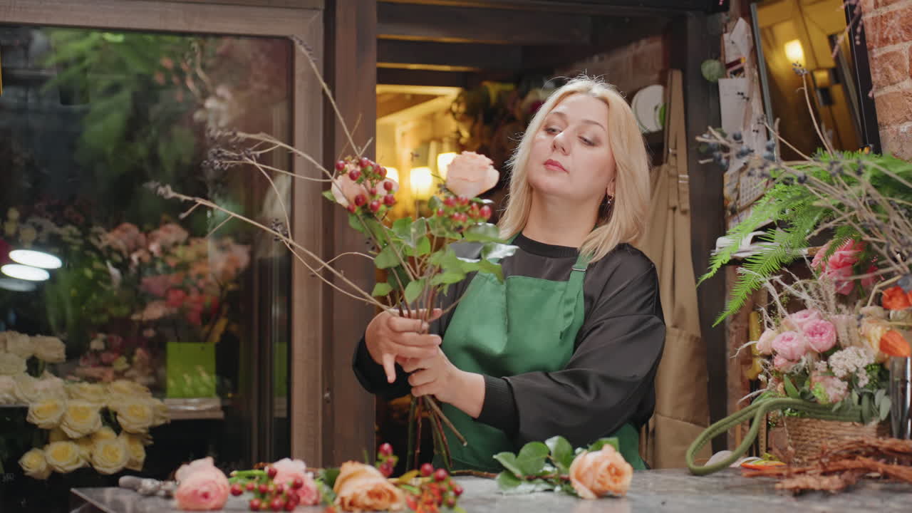 Fiorista che crea un romantico bouquet di rose. Mani sicure che tagliano gli steli, intrecciano ramoscelli e verde in un'alta composizione, con la luce calda della vetrina del negozio, banco da lavoro organizzato con attrezzi e nastri.