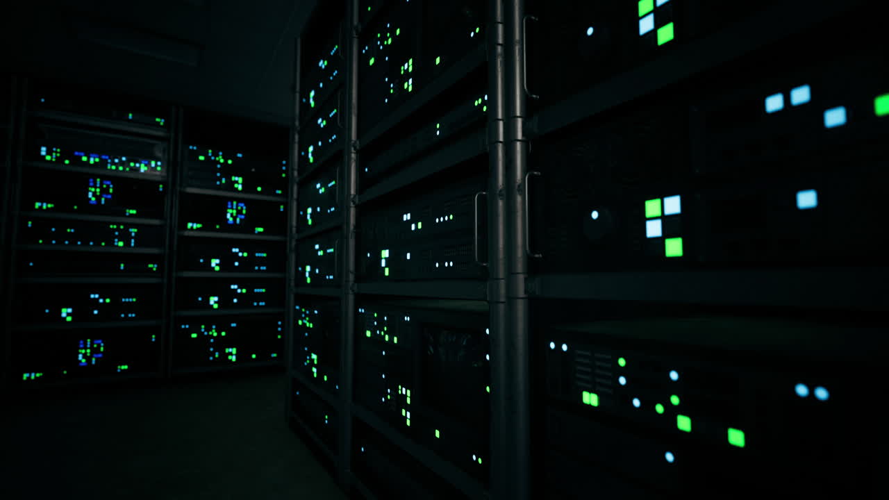 Dark Server Room with Green Lights