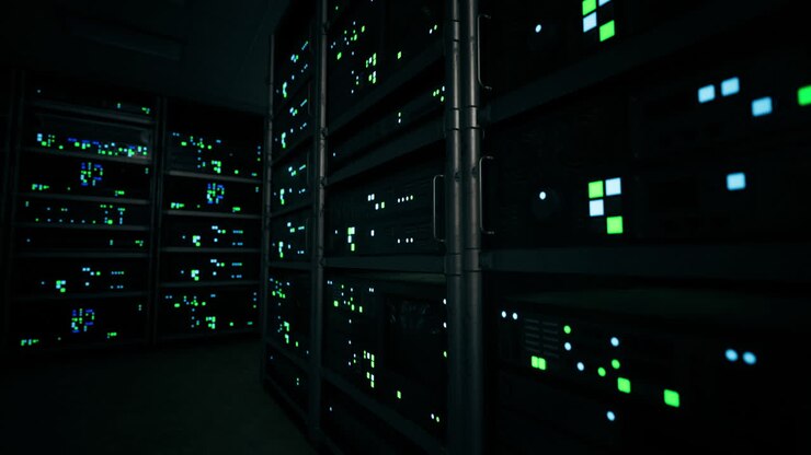 Dark Server Room with Green Lights