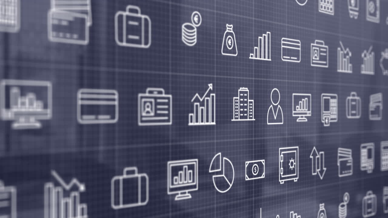 animación de la interfaz con múltiples iconos digitales contra la oficina vacía