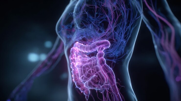 A Stunning Visualization of the Human Digestive System, Showcasing Intricate Neural Connections and Vibrant Colors to Illustrate the Inner Workings of the Body