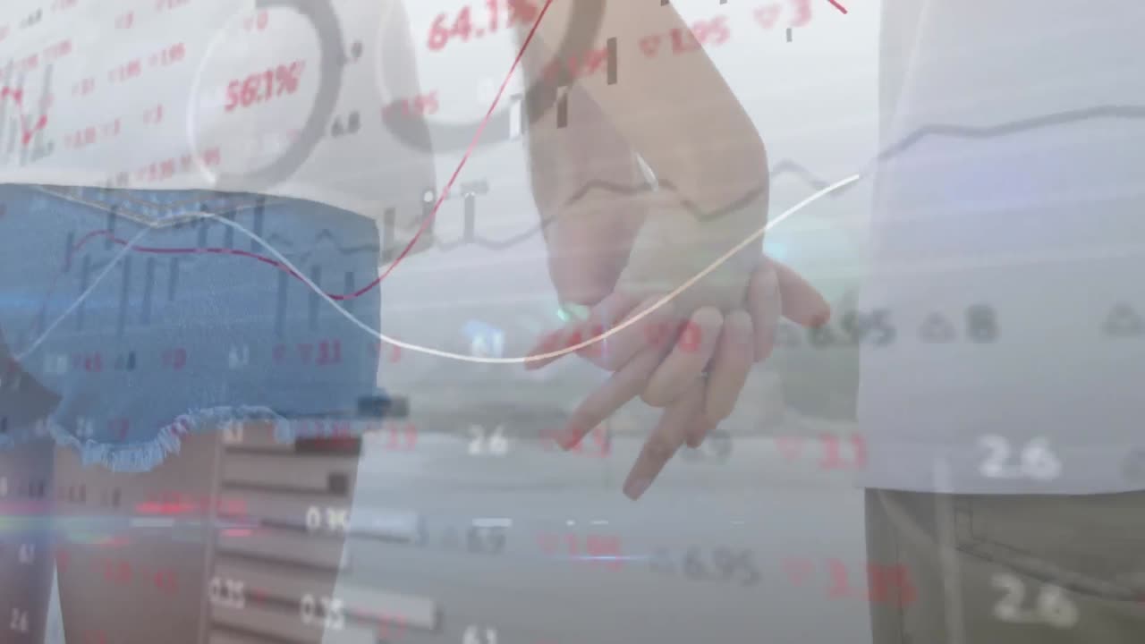 Animation of financial data processing over caucasian people holding hands