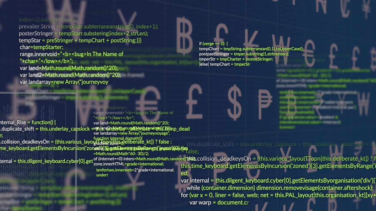 Currency symbols and computer code overlaying blue animation in digital background