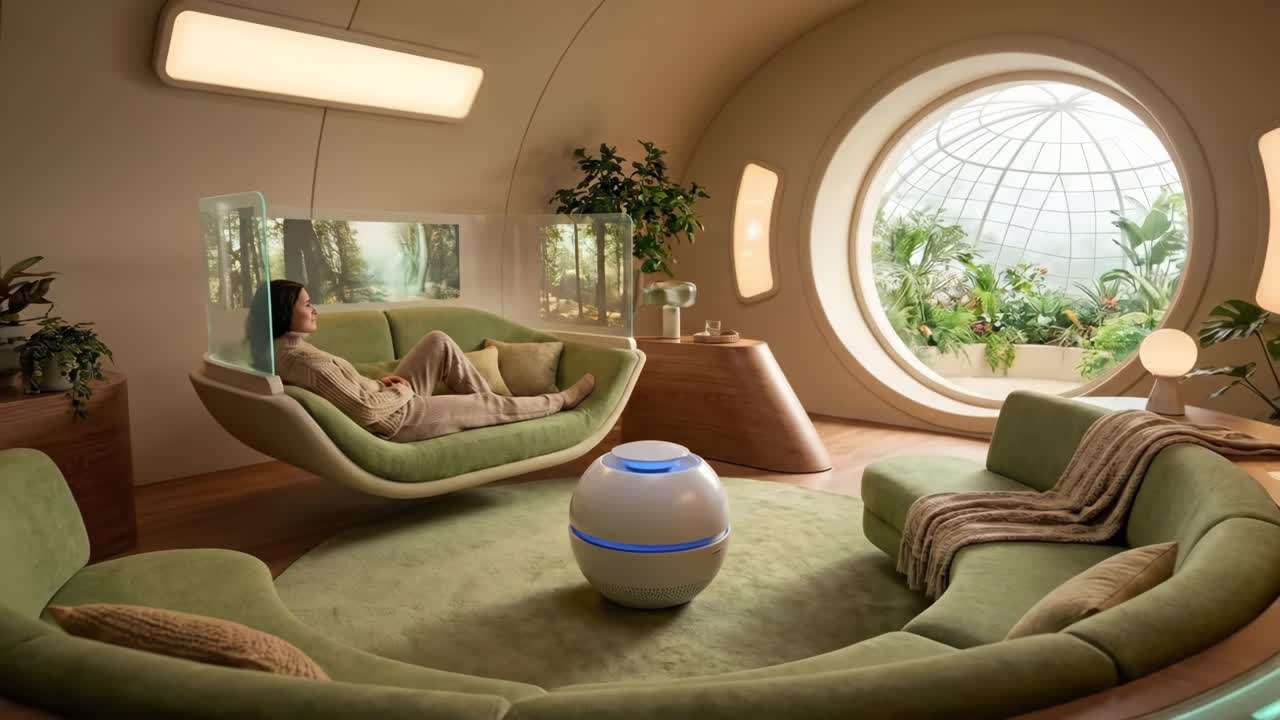 Kvinna kopplar av i ett futuristiskt biofilt smart hem med transparent skärm