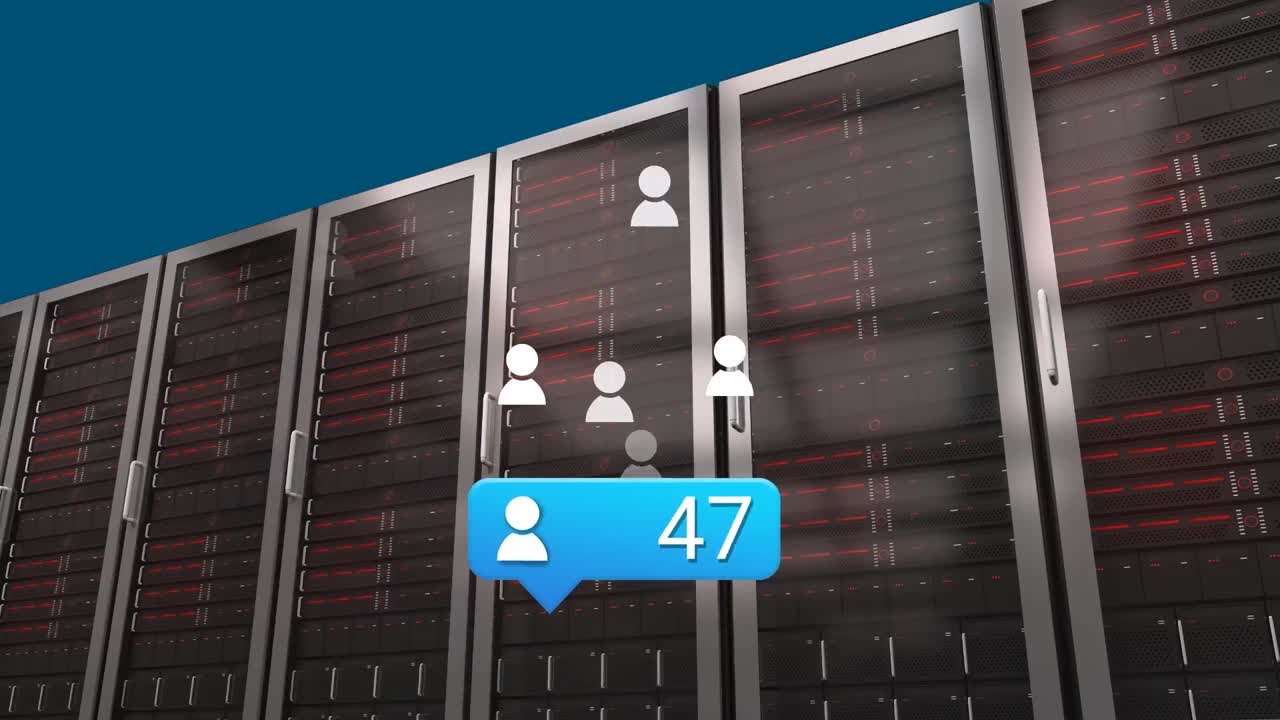 Animation of social media icons and numbers over servers