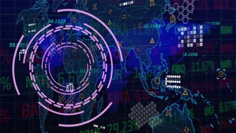 Animación-Del-Escaneo-De-Alcance-Y-Procesamiento-De-Datos-Sobre-El-Fondo-Del-Mapa-Mundial