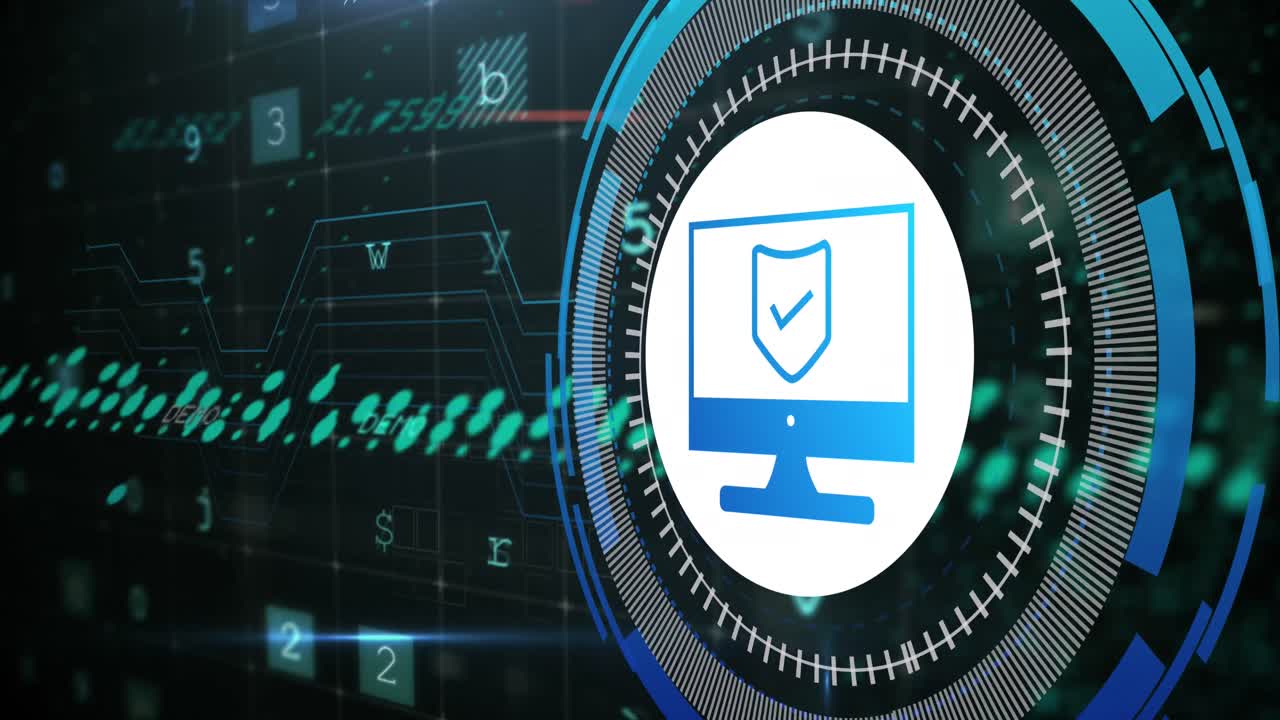 Animation of data processing with shield icon over blue background