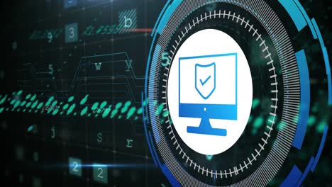 animación del procesamiento de datos con el icono del escudo sobre fondo azul