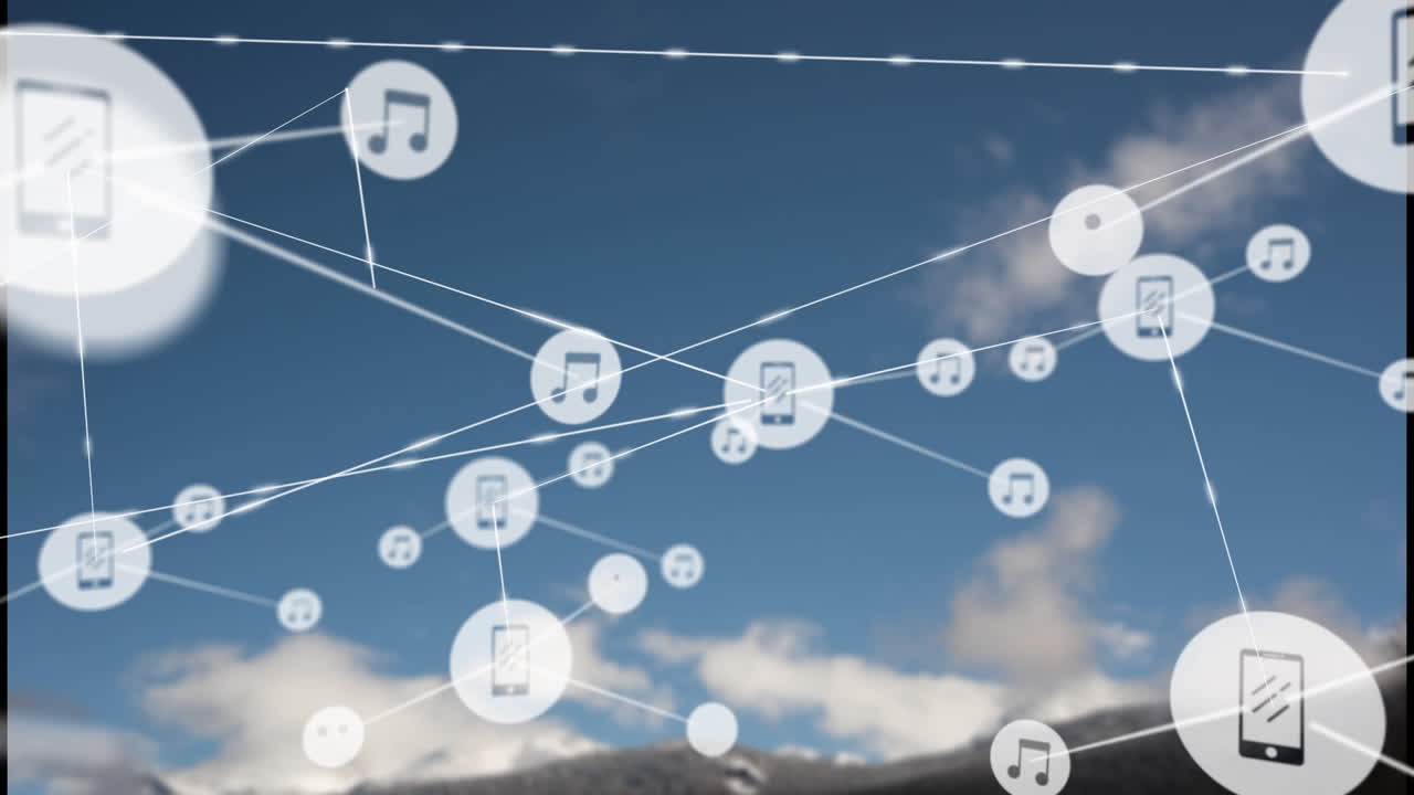 풍경 위의 아이콘으로 연결된 네트워크의 애니메이션