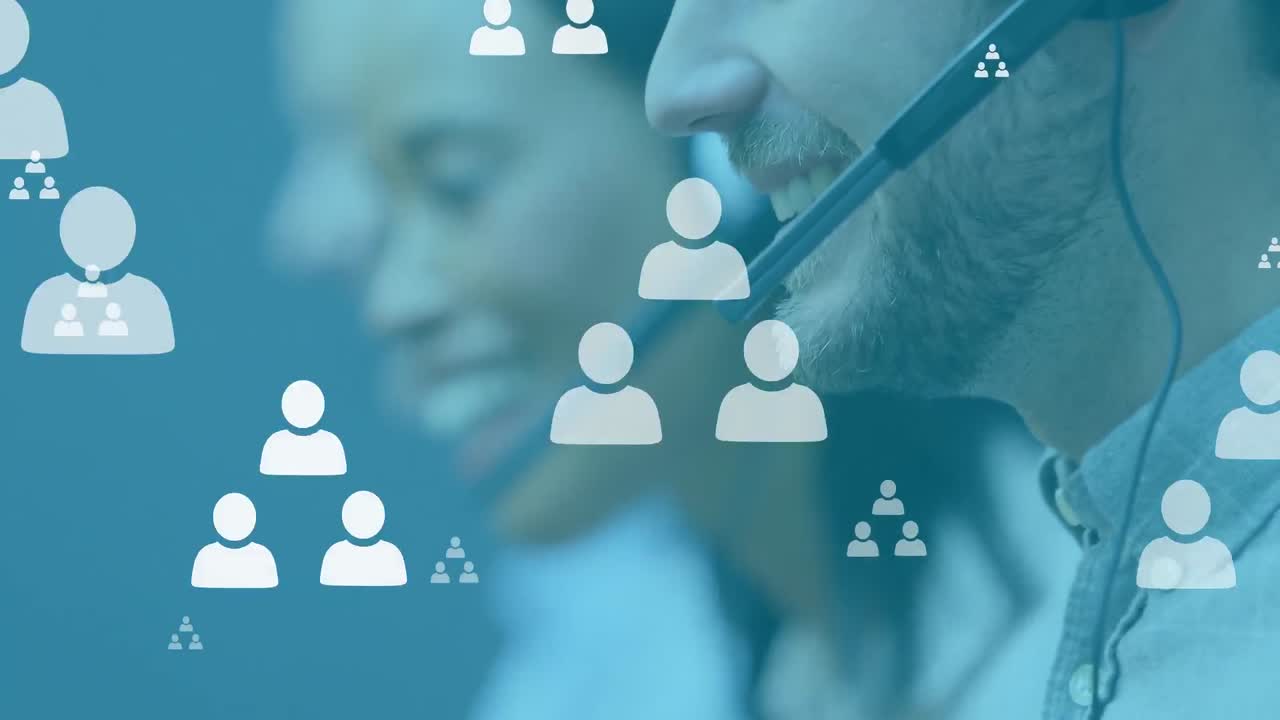 Animation of online people icons over diverse business people wearing phone headsets