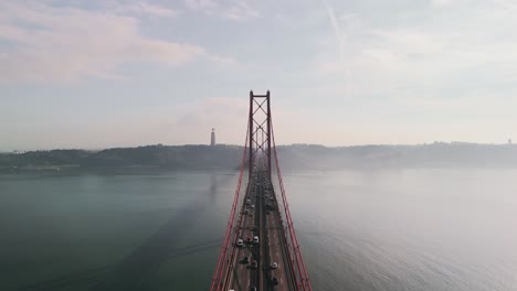 Traffic-At-Ponte-25-de-Abril-Spanning-Tagus-River-At-Sunrise-In-Lisbon,-Portugal